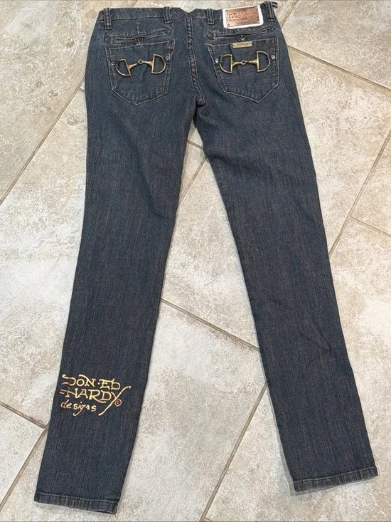 Don Ed Hardy Designs Y2K Buckle Skinny Jeans Size 28 Dark Blue