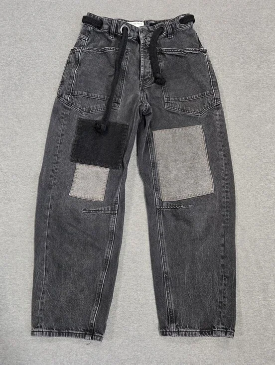 Free People We The Free Moxie Barrel Jeans Size 24 Night Hawk Low Rise Patchwork