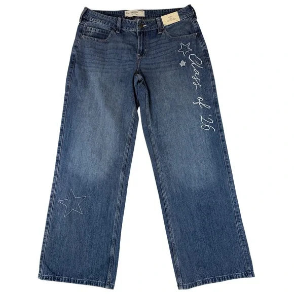 Hollister Baggy Jeans Womens 12L Blue Class of 26 Star Embroidered Low Rise