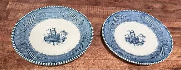 2 Vintage Currier & Ives Royal China Blue/White “Steamboat” 6” Saucer/Plate