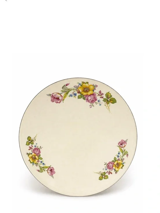 Vintage Floral Porcelain Ceramic Cake Serving Plate Raised Stand & Platinum Trim