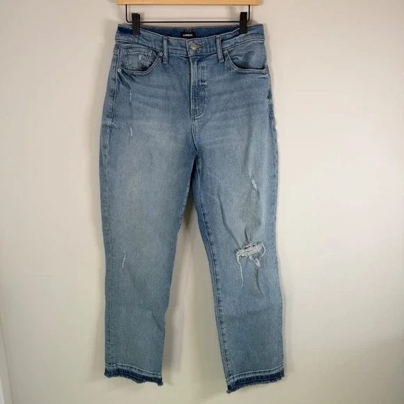 Express Straight Ankle High Rise Raw Hem Ripped Light Wash Denim Blue Jeans‎ 8R