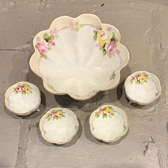 VTG Hand-Painted Nippon Porcelain‎ Footed Nut/Mint Bowl Set