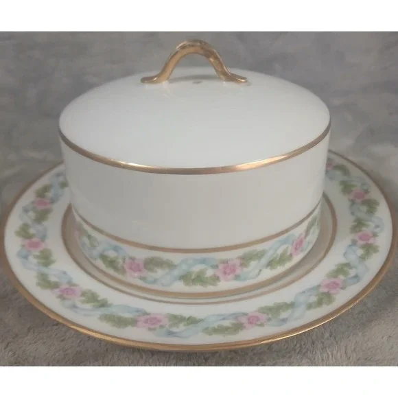 GDA‎ Limoges France Porcelain Covered Butter Dish Pink Floral Blue Ribbon Gold
