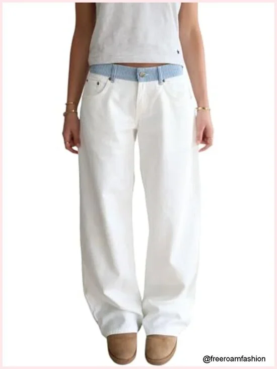 Adjustable Waist Wide Leg Jeans Casual Mid High Waisted Baggy Straight Leg