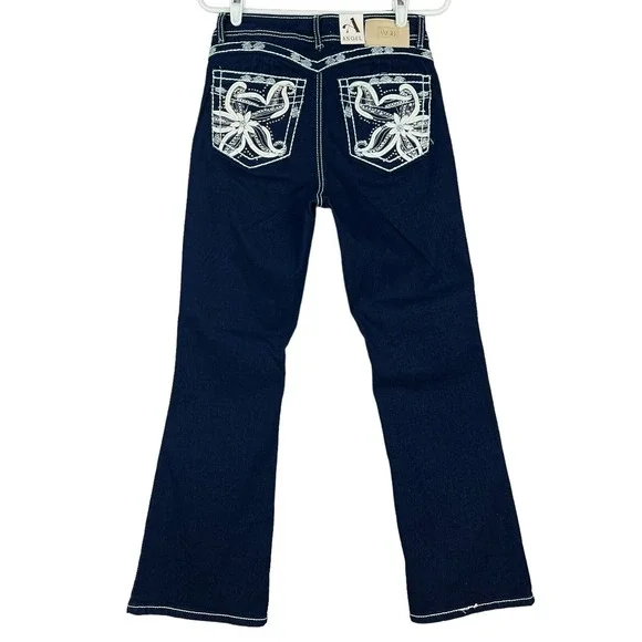 Angel Womens Stretch Jeans Sz 7/26 Navy Blue Embellished/Rhinestone Boot Cut NWT