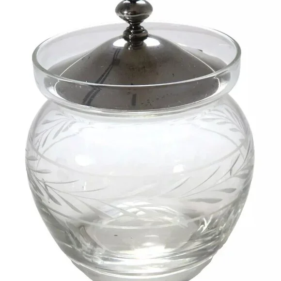 1950s Mid Century Etched Decorated Crystal & Sterling Silver Jam Jar