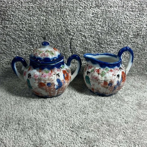 Nippon Sugar and Creamer Set Geisha‎ Hand Painted Antique Japan
