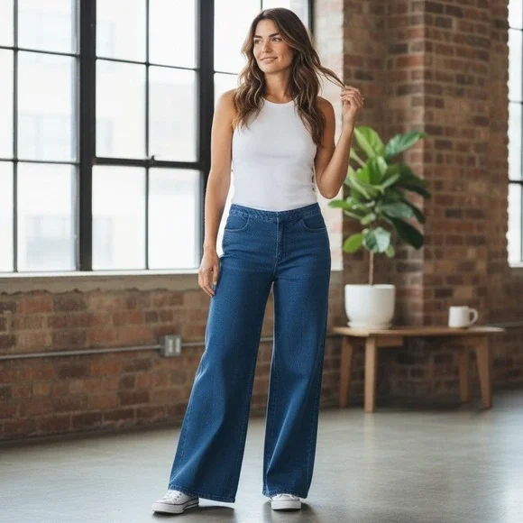 Eileen‎ Fisher Jeans Womens Small Blue Denim Wide Leg Trouser Pants USA Made
