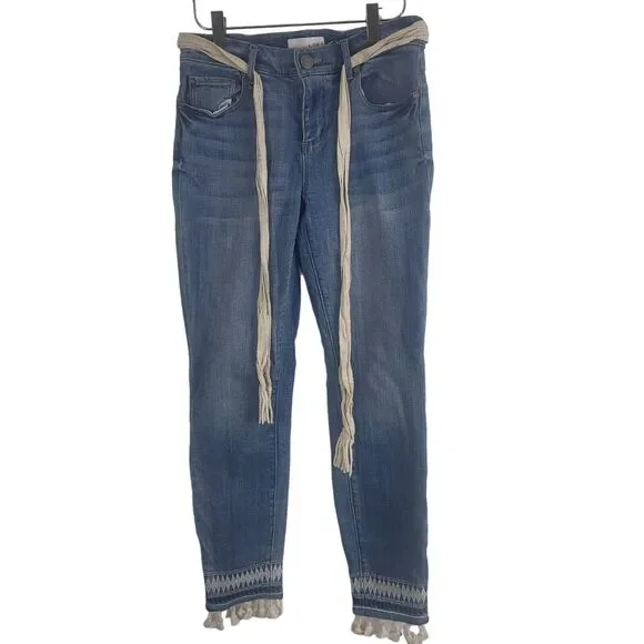 Ann Taylor Loft Jeans 26/2 Womens Skinny Leg BOHO Tassels‎ Mid Rise Medium Wash
