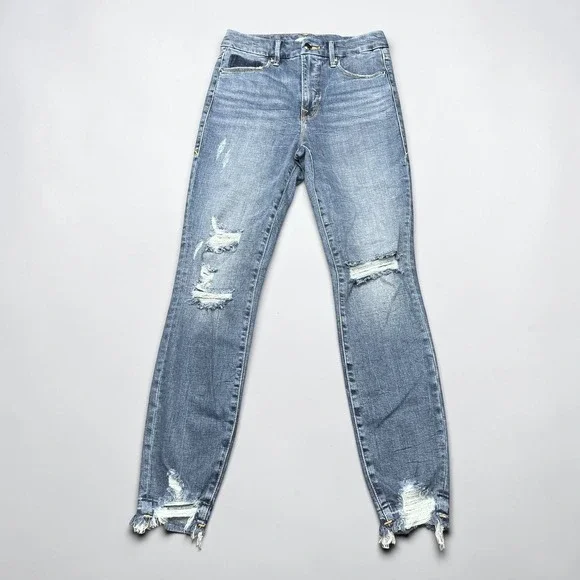 Good American Good Waist Distressed Chewed Hem Skinny Jeans Blue 6/28 GWRH103T