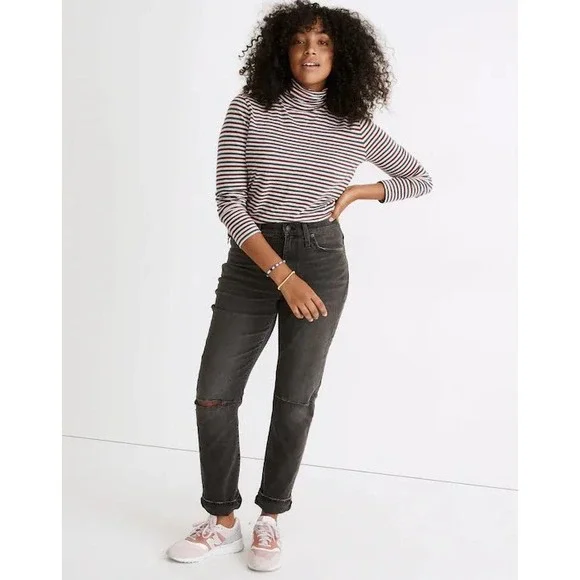 Madewell High-Rise‎ Slim Boyjean Caton Wash Distressed Grey Denim Jeans 30