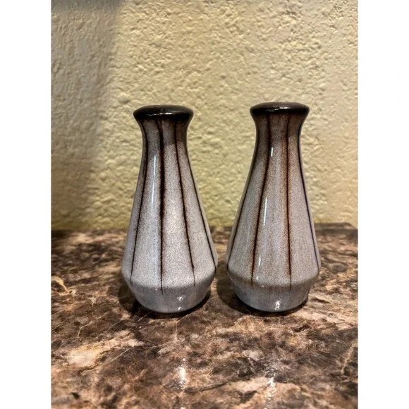 Denby vtg mcm salt pepper shaker set gray brown stripes flaw England made
