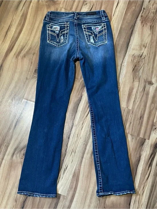 Vigoss Slim Bootcut Jeans Blue Distressed Patchwork Pockets Thick Stitch Size 6
