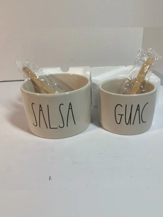 Rae Dunn Cream Ceramic 'Salsa' & 'Guac' Serving Bowls with Wooden Spoons