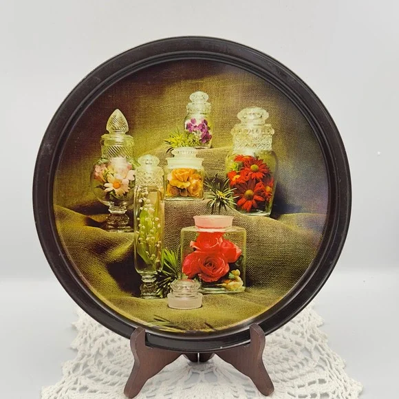 Vintage Round Metal Serving Tray Botanical Apothecary Flower Jars Still Life 11