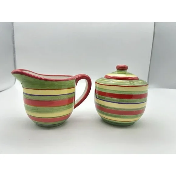 Dansk China Sugar Bowl & Lid and Creamer Tropical Swirls  Discontinued