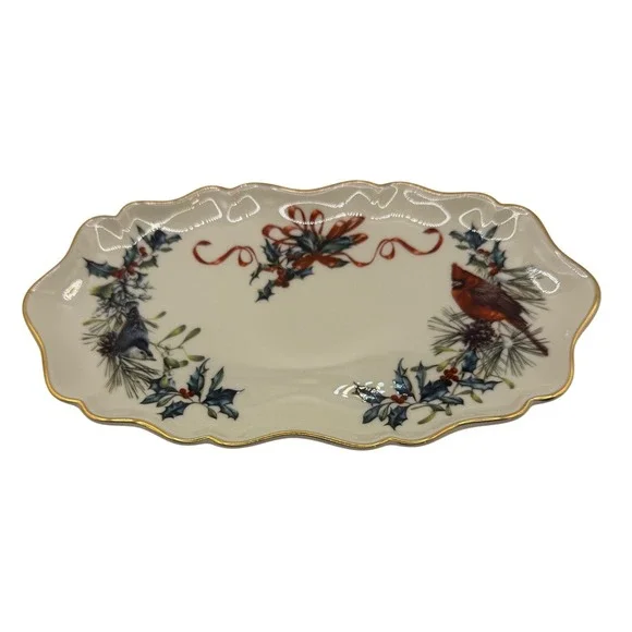 Lenox Winter Greetings Tray Cardinal‎ Bird Bone China Gold Trim VTG NWT USA