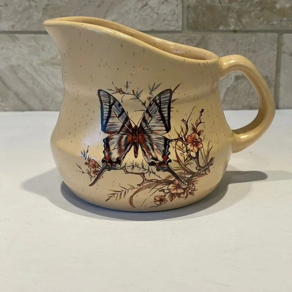 VTG Treasure Craft Butterfly Floral Ceramic Creamer Pitcher Speckled Cottagecore