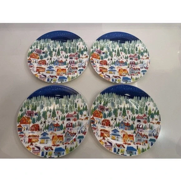 STECHCOL Gracie Bone Winter Christmas Tree Salad Appetizer Plate Set Of 4 NEW