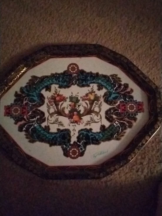 Dahar Decorative Octagonal Metal Serving Tray w/ Floral Motif Teal, Gold, Black