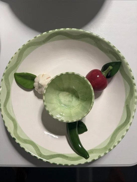 Hand-Painted Green Ceramic Chip & Dip Serving Bowl Set