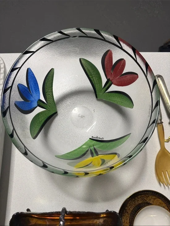 Hand-Painted Glass Salad Bowl with Colorful Floral Motif
