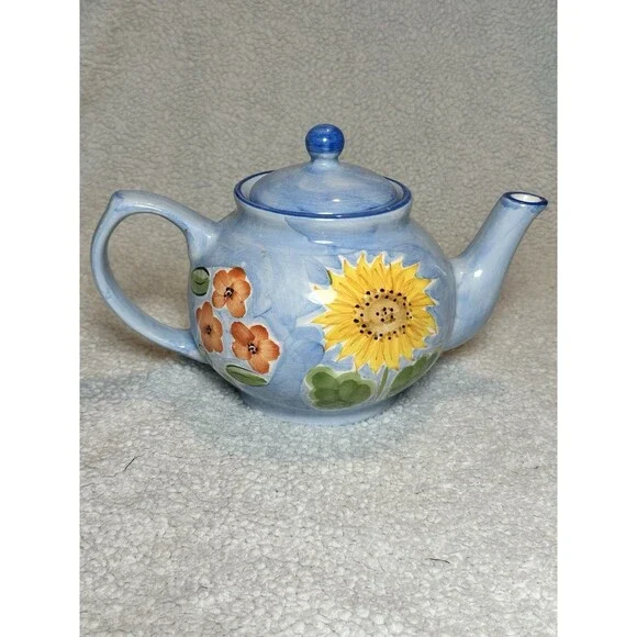 COOK'S CLUB CERAMIC BLUE TEAPOT WITH FLORAL DESIGNS