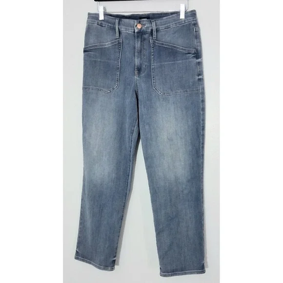 Express Jeans Women's Large Blue Straight Ankle High Rise Flexx Hyper Stretch