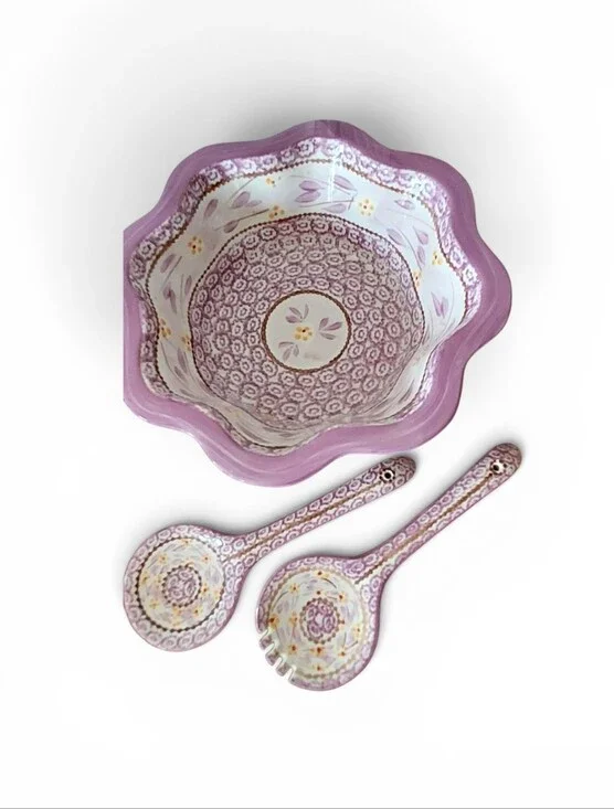 Temp-Tations Presentable Ovenware Purple Lavender Salad Serving Bowl Spoon Fork