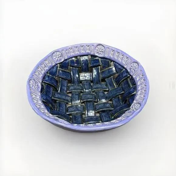 Vintage Blue White Woven Ceramic Basket Bowl Stoneware Art Pottery
