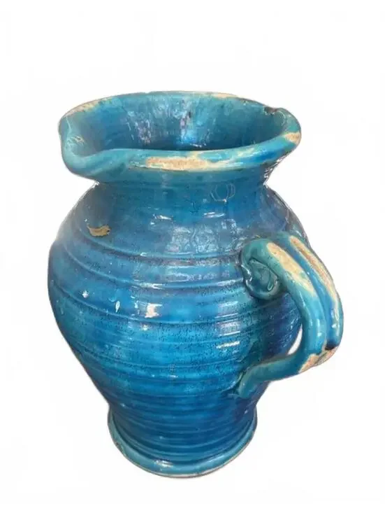 Vintage Blue Glazed Ceramic Vase with Handles on Both Sides