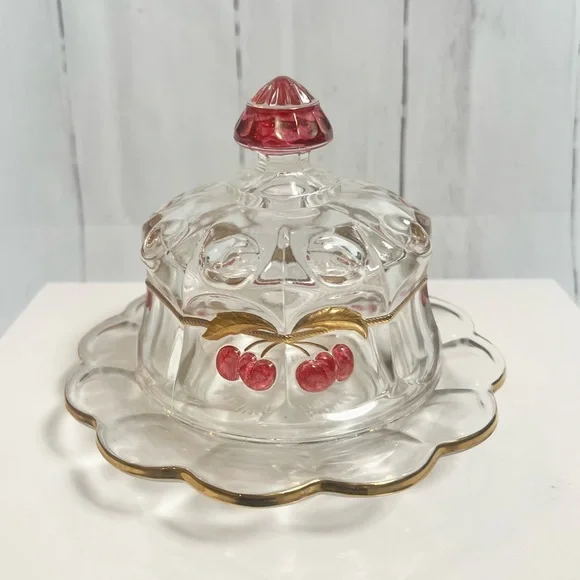 Northwood Cherry & Cable Covered Butter Dish - EAPG Ruby Stain Glass Gold Gilt