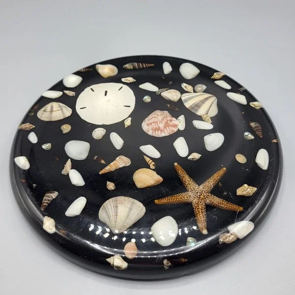 Vtg Lucite Resign Trivet Seashell Starfish Sand Dollar Black Kitchen Decor 8