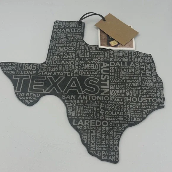 Top Shelf Living Texas Shape Slate Cheese Board Gray Etched Word Map Rustic NEW