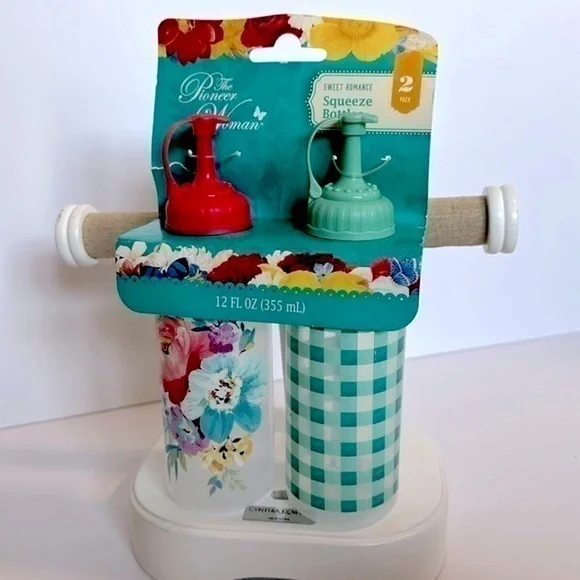 Pioneer Woman Plastic Dispenser Bottle Sweet Romance & Teal Check 2Pc Set New