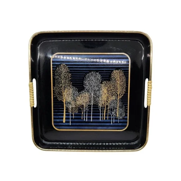 Vintage MCM Square Serving Tray Black Gold Navy Blue Tree Graphic Wicker Handles