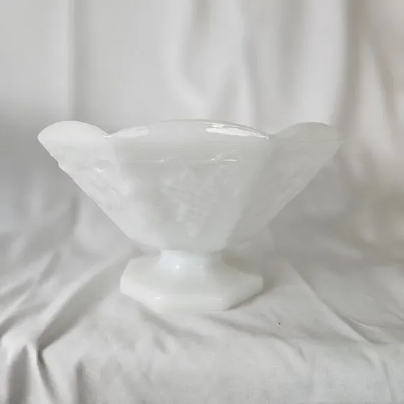 Vintage Anchor Hocking Milk Glass Pedestal Footed Compote Harvest Grapes Design