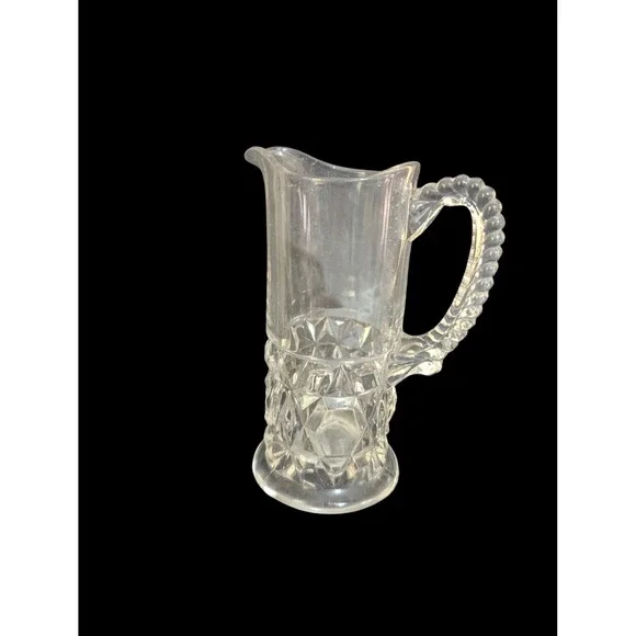 Vintage‎ Clear Glass Small Pitcher Diamond Cut Pattern Beaded Handle 6 Inch