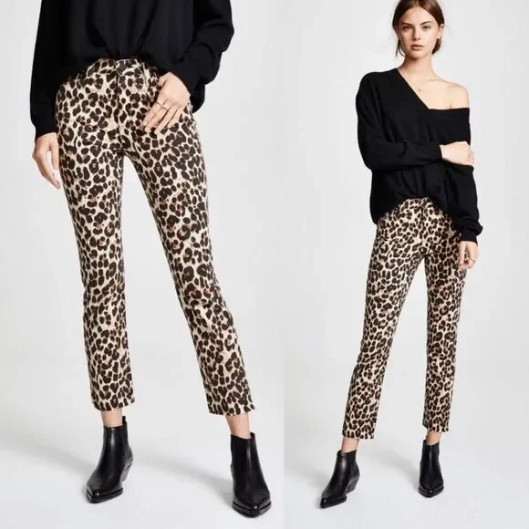 Paige Hoxton Straight Ankle hi high waisted Jeans Leopard Print brown raw hem 24