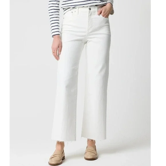 J.Crew Wide-Leg Crop Seashell White Jeans Raw Hem All Day Stretch Denim Size 29