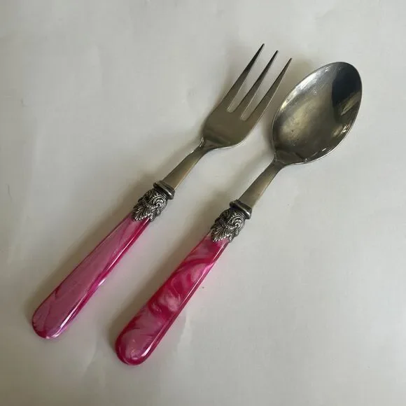 Vintage Eme Napoleon 18/10 Stainless Steel Italian Spoon and Fork Set Pink Pearl