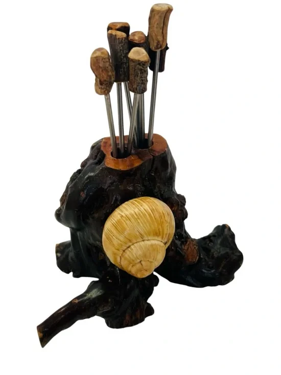 Rustic Driftwood Handmade Escargot Toothpick Holder with Shell Accent