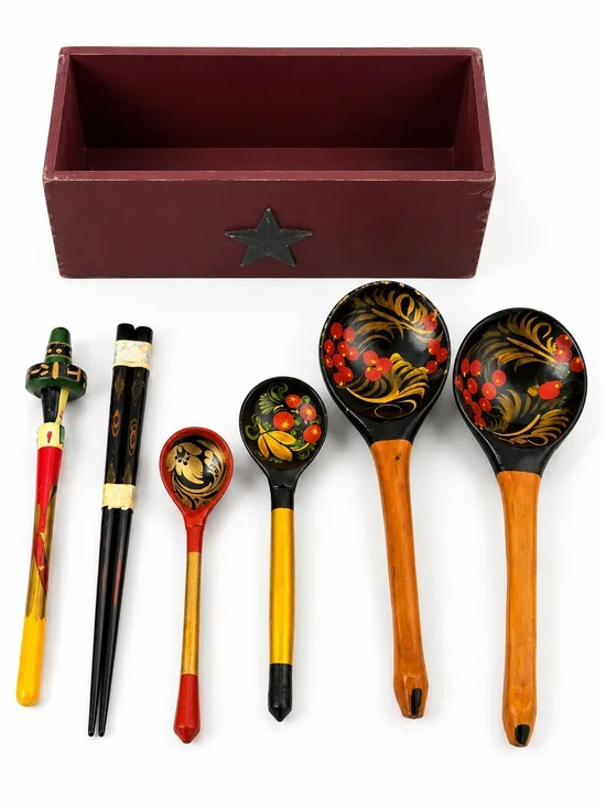 Hand-Painted Russian Khokhloma Serving Spoon Set in Black and Gold