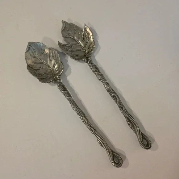 Vtg CB Taut 2001 Pewter Leaf Salad Servers Set Vine Handle Botanical Spoon Fork