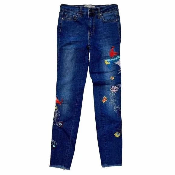 Free People Embroidered Peacock‎ Floral Skinny Jeans Blue Raw Hem Size 24 Boho