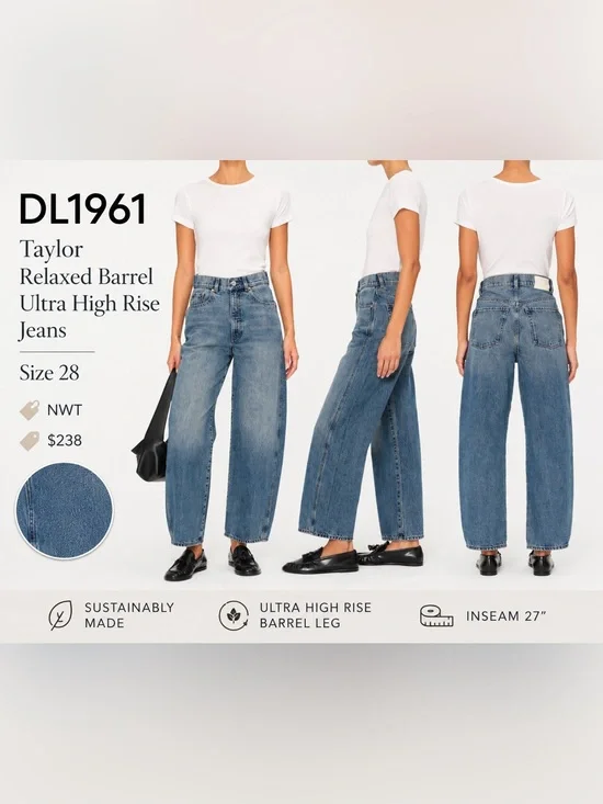 DL1961 Taylor Relaxed Barrel Ultra High Rise Jeans in Salt Lake Colorway Size 28