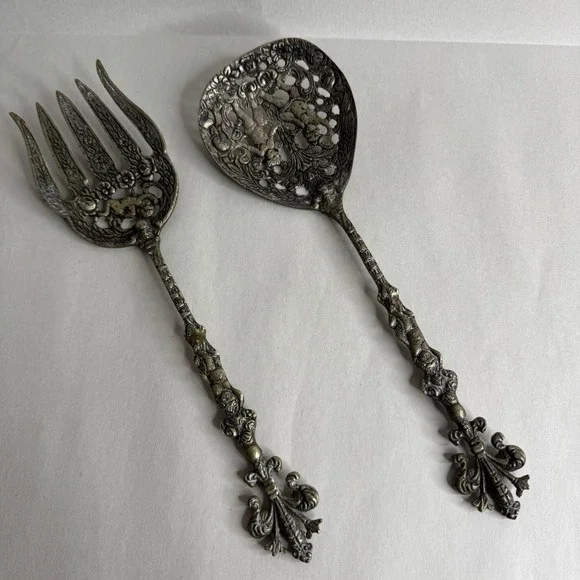 Vintage‎ Italian Cherub Salad Servers Set Ornate Putti Fleur De Lis Italy