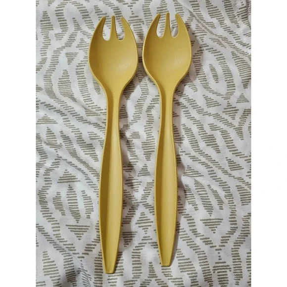 Vintage Tupperware Yellow Salad Server Set Sporks Plastic Serving Utensils 2pc