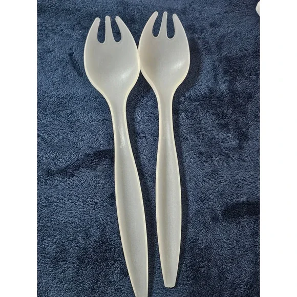 Vintage Tupperware Sheer Frosted Clear Salad Server Set Spork Tongs 2 Piece